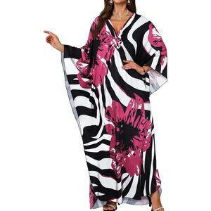 Women's Rosy Red Flower V-Neck Batwing Sleeves Smocked Waist Maxi Kaftan Dress